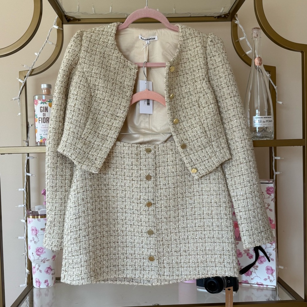 Reformation Cream Tweed Skirt and Jacket Set